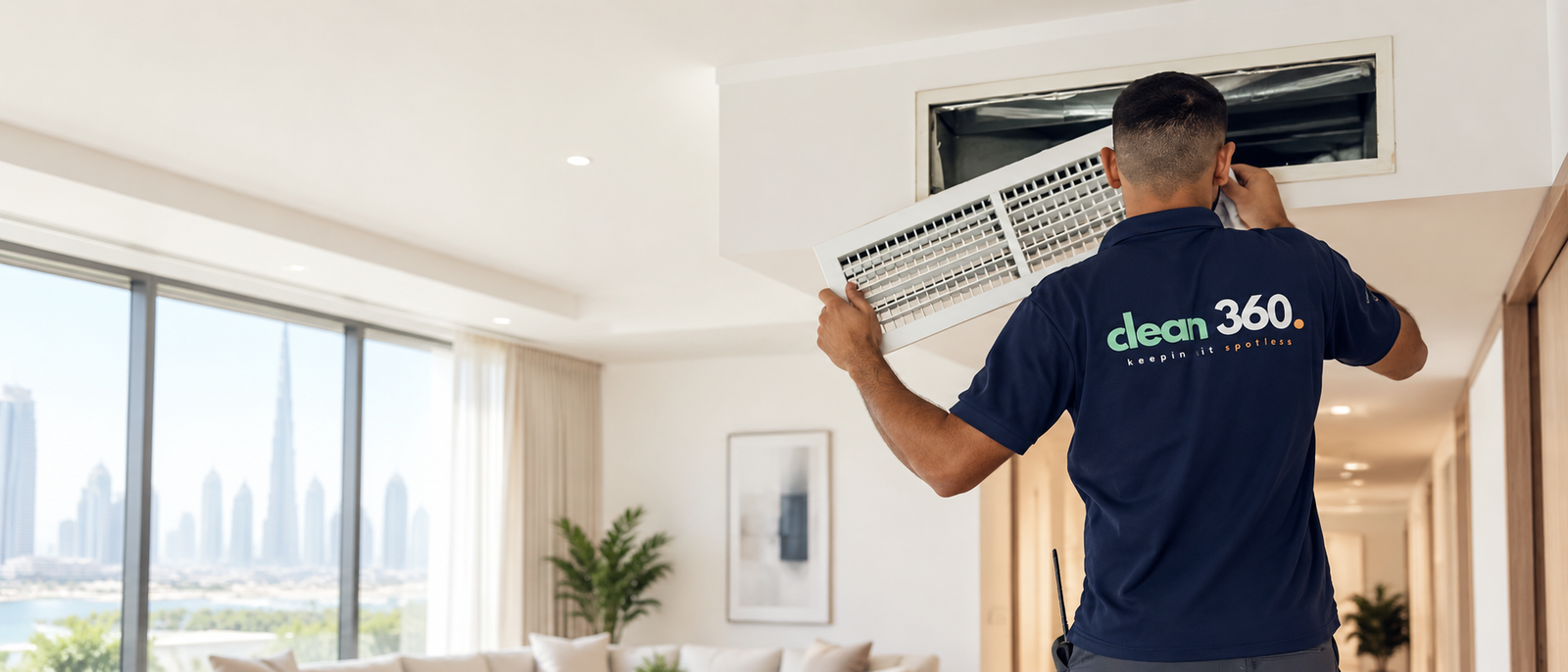 Clean360 technician performing professional AC cleaning in Dubai
