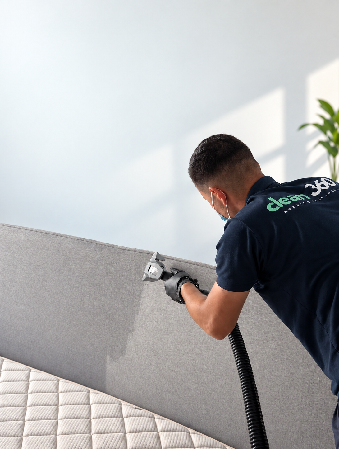 Clean360 technician performing professional upholstery cleaning in a Dubai home